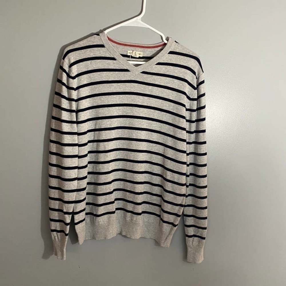 BRITISH Khaki Striped V-Neck Sweater Small